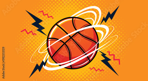 Stylized basketball illustration with bold black lines, halftone orange background, dynamic swooshes, and lightning bolt accents symbolizing energy, motion, and athletic excitement