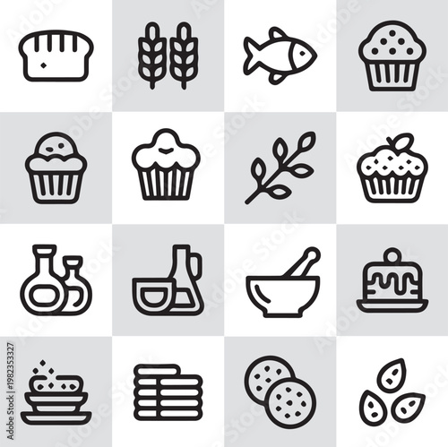 Artisan bakery and natural ingredient outline icon collection for organic food apps, health recipe platforms, and wholesome brand design