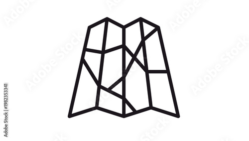 Black vector icon of a folded paper map with street grid lines, minimalist line art illustration for navigation, travel, and location tracking, scalable graphic symbol for web and app design.