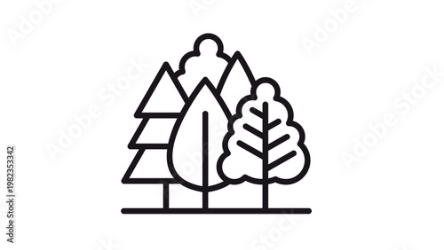 Minimalist black line vector icon of a forest featuring various tree types like pine and deciduous trees, ideal for nature, ecology, and environmental conservation graphic design projects.