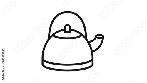 Minimalist black line art vector icon of a classic stovetop kettle with a handle and spout, perfect for kitchen, tea, or cooking-related graphic design projects and web illustrations.
