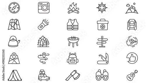 25 Black Vector Icon Set Collection of Minimalist Line Symbols for Travel, Camping, Outdoor Adventure, and Navigation. Includes Tent, Map, Compass, Camera, Backpack, Campfire, BBQ, and Hiking Gear.