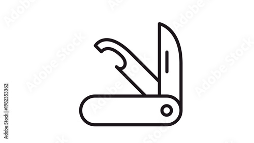 Black vector icon illustration of a folding multi-tool pocket knife with a blade and bottle opener, minimalist line art symbol for camping, survival, and outdoor gear, isolated on white.