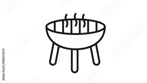 Barbecue grill vector icon illustration. Minimalist black line art of a charcoal BBQ kettle grill with smoke, ideal for summer cookout, outdoor party, food, picnic, and restaurant menu design.