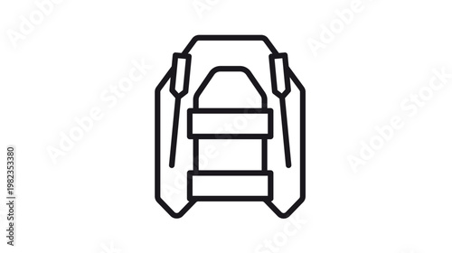 Black line art vector icon of an inflatable boat with oars, minimalist illustration of a rubber dinghy for water sports, rafting, fishing, and marine activities, scalable graphic symbol.