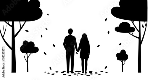 Autumn couple walking vector illustration with fall leaves and cozy seasonal travel scene isolated on white