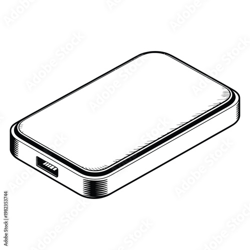 A detailed black and white illustration of a portable power bank a modern silhouette