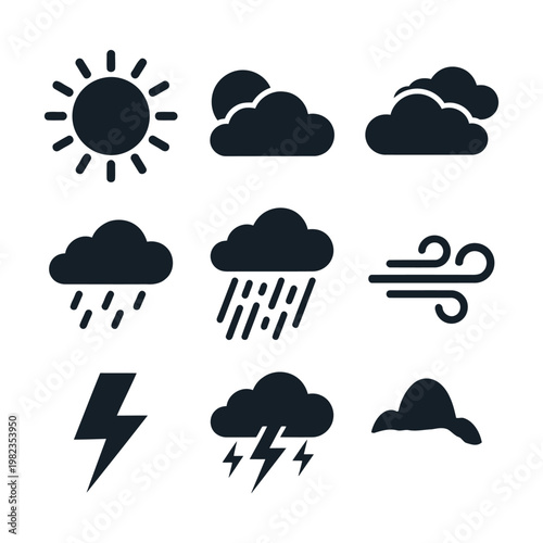 Vector set of black weather icons, including sun, clouds, rain, thunder, and wind symbols isolated on white.