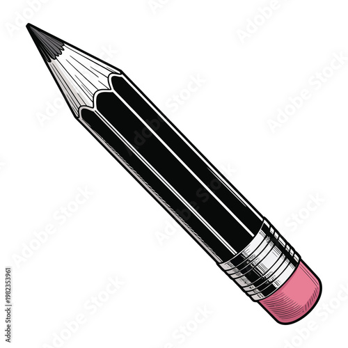 A sharply pointed graphite pencil with a pink eraser presented as a bold silhouette