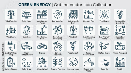 Green Energy Icons Collection: An extensive collection of outlined vector icons representing sustainable energy concepts, perfect for projects promoting environmental consciousness.