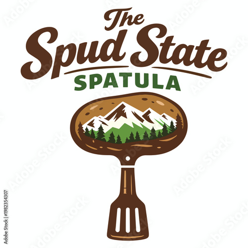 Spud State spatula emblem illustration celebrating potato harvest and retro kitchen cooking, with wooden utensil icon over farm landscape for culinary and agriculture branding