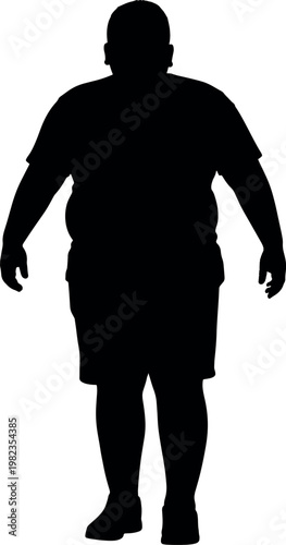 Overweight boy silhouette standing front view. Simple black human figure isolated on light background, suitable for body shape concepts, health awareness, lifestyle, and design use.