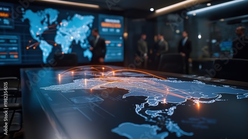 Futuristic military command center with holographic world map, satellite targeting system and missile trajectory visualization.