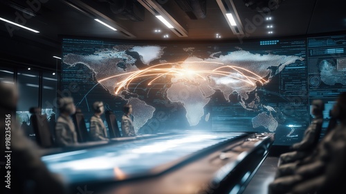 Futuristic military command center with holographic world map, satellite targeting system and missile trajectory visualization.
