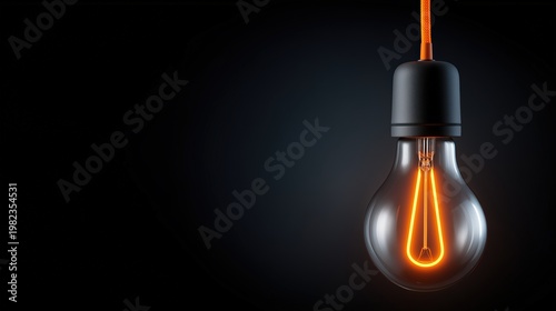 Minimalist glowing light bulb in a black matte metal fixture with orange neon light, studio product photography style.
