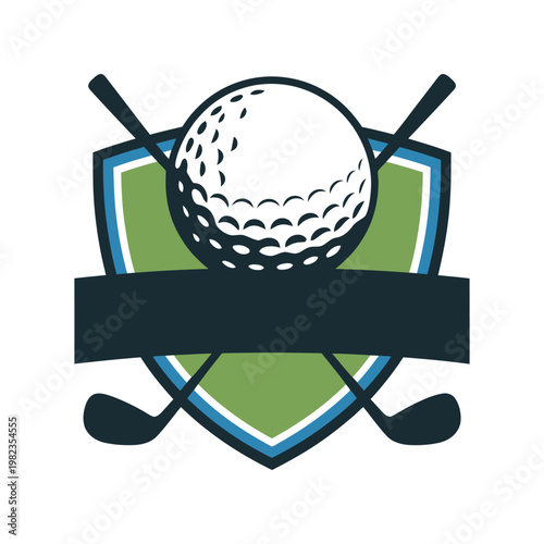 Golf emblem featuring crossed clubs and a ball atop a banner