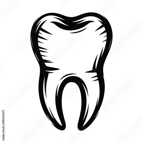 A stark black graphic illustrates a single human molar tooth presented as a silhouette
