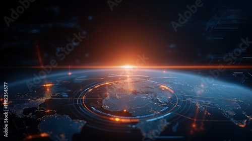 Symbolic world map formed from glowing data networks with orbital weapons and missile trajectories in futuristic cyber warfare visualization.