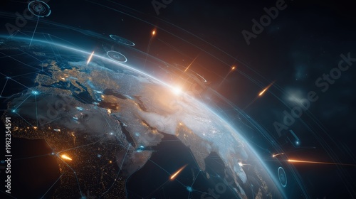 Symbolic world map formed from glowing data networks with orbital weapons and missile trajectories in futuristic cyber warfare visualization.