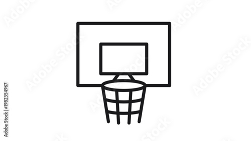 Minimalist black line art vector icon of a basketball hoop with backboard and net, isolated on white background. Professional sports equipment illustration for web, app, and graphic design.