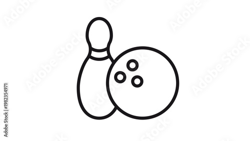 Minimalist black line art vector icon of a bowling pin and bowling ball, isolated on a white background. Clean and scalable illustration for sports, leisure, and gaming graphic design projects.