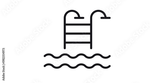 Minimalist black line vector icon illustration of a swimming pool ladder with steps leading into wavy water, representing summer vacation, swimming, leisure, and aquatic sports activities.