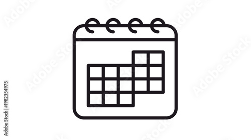 Minimalist black line art vector illustration of a spiral-bound calendar icon, symbolizing scheduling, time management, planning, dates, and organization, isolated on a white background.