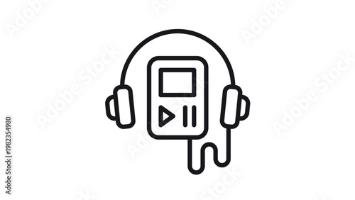 Minimalist black line vector icon of a portable digital music player with over-ear headphones, featuring play and pause symbols, isolated on white background for modern audio and music design.
