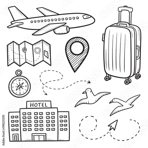 Travel and vacation planning hand drawn icon set for tourism agency branding, holiday app design, travel blog, and trip itinerary visual content
