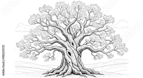 Detailed black and white line art illustration of a majestic, ancient gnarled tree with sprawling branches and roots. Nature drawing for coloring.