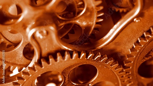 Detailed view of warm copper-toned gears. Ideal for concepts of industrial energy, creative engineering, and mechanical systems.