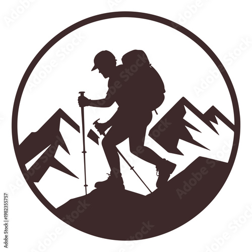 Mountaineers ascending rugged peaks with trekking poles in a scenic landscape