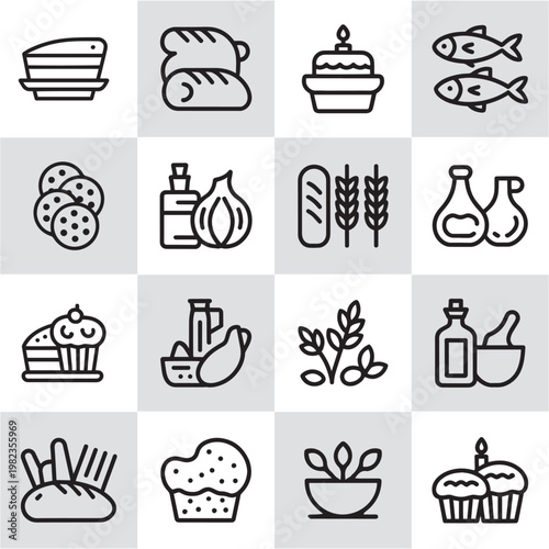 Bakery and natural ingredient outline icon set for artisan food branding, organic recipe apps, bakeshop menus, and nutrition content