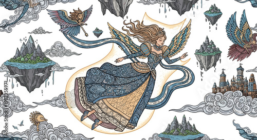 Enchanting fantasy illustration of a majestic winged woman soaring through a magical sky with mystical floating islands and clouds