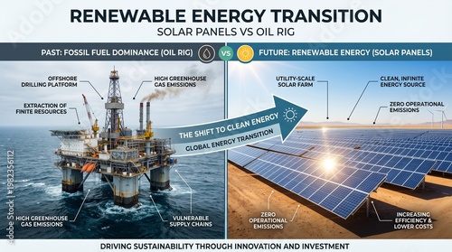Renewable Energy Transition: Solar Panels vs. Oil Rig: A comparative graphic illustrating the shift towards renewable energy, contrasting a polluting oil rig with a clean solar panel array.