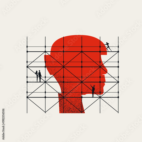 Red human head enclosed in construction scaffolding with worker silhouettes performing repairs. Minimal vector concept illustration for psychological therapy and mental health recovery.