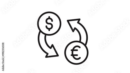 Black line vector icon illustration of a currency exchange symbol with dollar and euro signs in circles and curved arrows representing money transfer, foreign trade, and financial conversion.