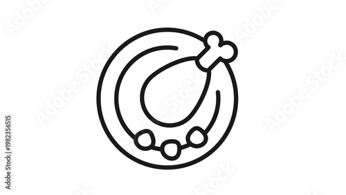 Black line art vector icon of a roasted chicken leg drumstick served on a plate with garnish, minimalist food illustration for restaurant menus, cooking apps, and culinary graphic designs.