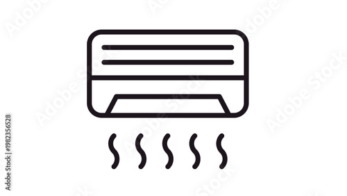 Minimalist black line vector icon illustration of a modern wall-mounted air conditioner unit with wavy airflow lines, symbolizing indoor climate control, cooling, and HVAC systems.