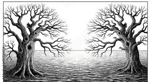 Stark black and white illustration of two symmetrical bare leafless trees framing calm water, graphic art style, nature scene.