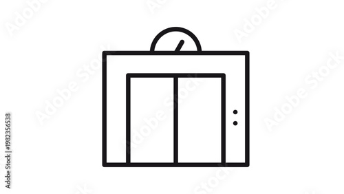 Elevator lift door vector icon illustration with floor indicator dial and call buttons, minimalist black line art symbol for building navigation, architecture, and transportation design.