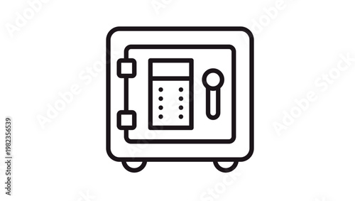 Black Line Vector Icon of a Secure Bank Safe or Vault with Digital Keypad and Handle, Minimalist Illustration for Finance, Security, and Protection Concepts, Scalable Graphic Symbol Isolated.