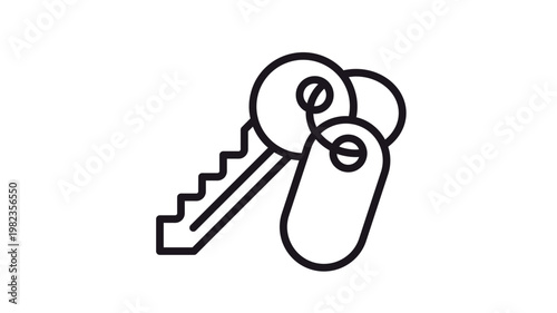 Bunch of keys on a keyring with a blank key tag fob, minimalist black line art vector icon illustration isolated on white, symbol for security, access, house keys, real estate, and locking.