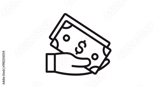 Black and white vector icon illustration of a human hand holding a stack of dollar bills, representing cash payment, financial transaction, salary, wealth, and business economy concepts.