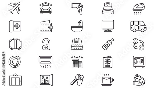 25 Minimalist Black Line Vector Icon Set Bundle for Hotel Amenities, Travel, Business, and Finance. Includes Airplane, Bed, Suitcase, Wallet, Safe, Coffee, and Household Appliances Icons.