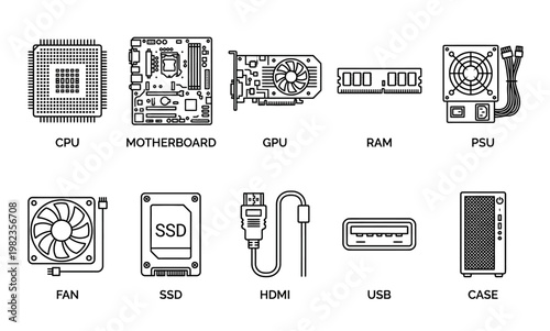 Computer hardware icons, technology components, electronic parts, circuit board elements, 10 icons