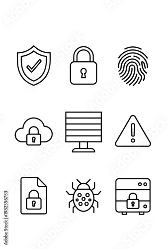 Cyber security line icons set of 9 vector elements, digital privacy and data protection symbols, internet safety and network firewall graphics, biometric fingerprint and cloud storage icons