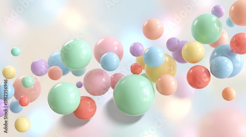 Colorful shiny reflective balls floating in air with bokeh light effect background