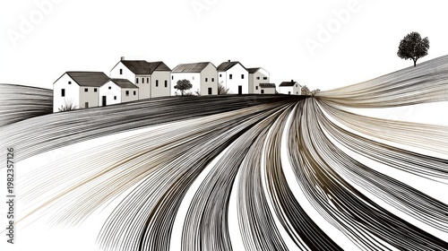 Stylized landscape illustration depicts a row of white houses situated atop a hill above swirling, linear fields