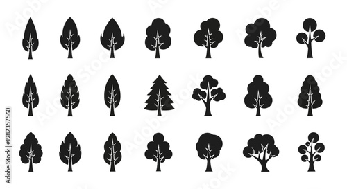 Collection of various tree silhouettes.